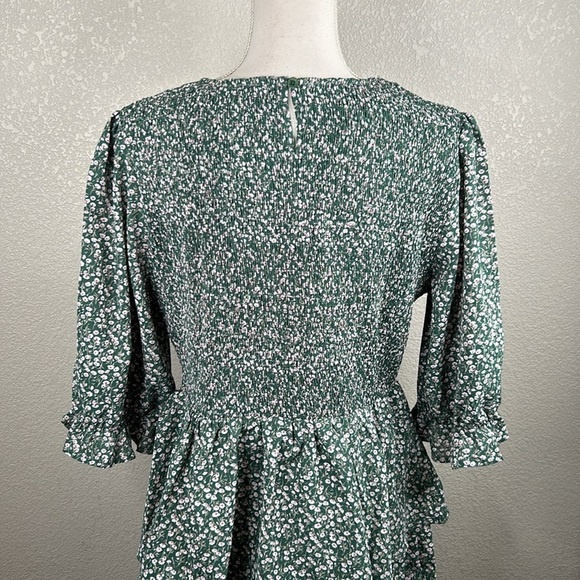 SMX Boho Floral Green Smocked 3/4 Ruffle Layered Hem Midi Dress Size 3X - Picture 4 of 8